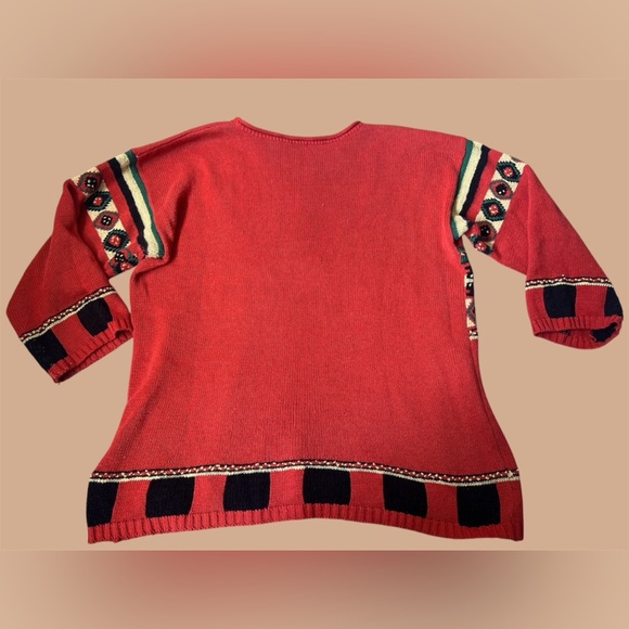 Carole Little Red Vintage Crewneck Knit Sweater with Geometric Patterns, Size L - Picture 2 of 8